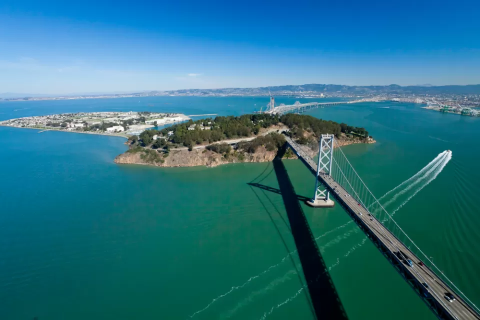 San Francisco Bay bridge and Treasure Island aerial view